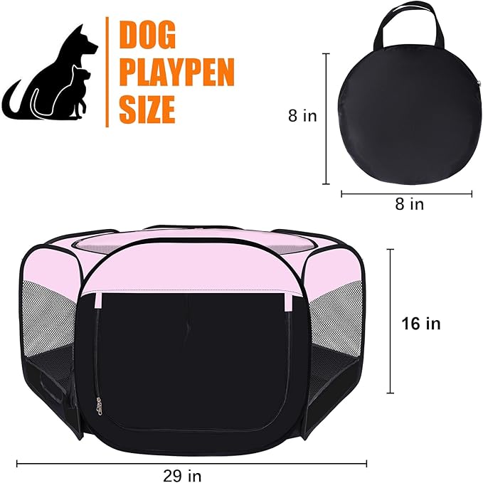 Dog Cat Playpen,Portable Pet Puppy Playpen,Rabbit Puppy Dog Play Pen for Indoors,Dogs Tent for Indoor Cats,Kitten Playpen,Collapsible Small Cats Crate Cage for Small Dogs with Carrying Case(Pink, S)