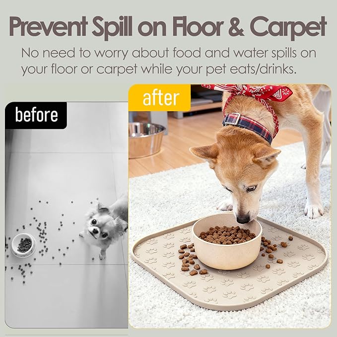 Pet Feeding Mat, Waterproof Anti-Slip Placemats for Dog Cat Bowl Silicone Pet Food Mat, Raised Edge Prevent Spills on Floor & Carpet, Dishwasher Safe (Beige, 11" x 11")