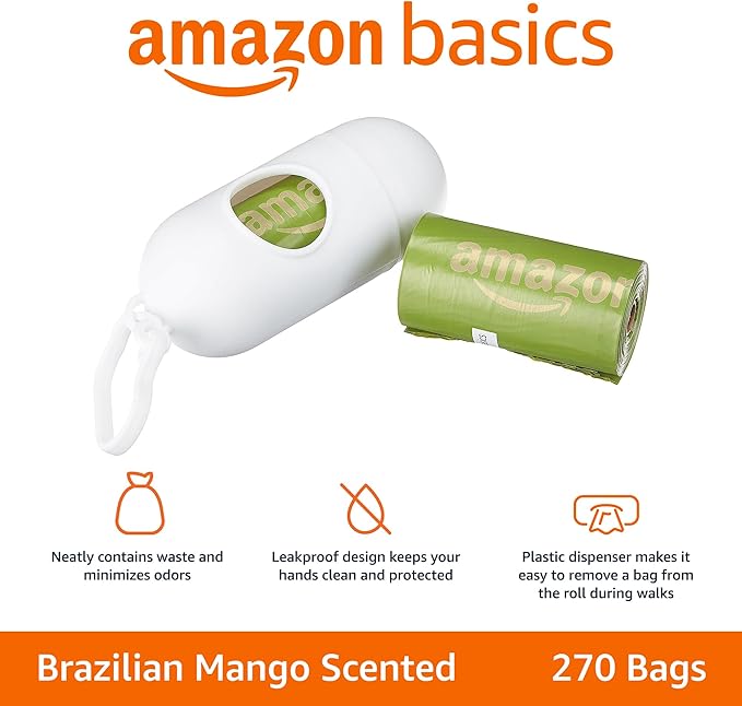 Amazon Basics Premium Leak Proof Dog Poop Bags with Dispenser and Leash Clip, Brazilian Mango Scented, 13" x 9", 270 Count (18 Rolls of 15), Easy-Tear