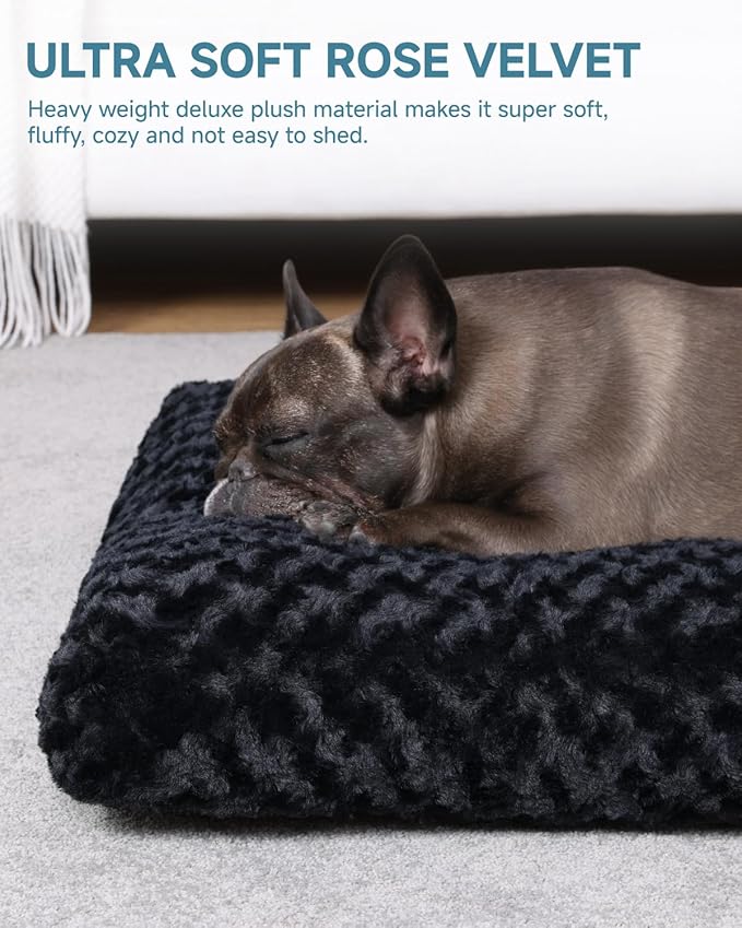 KSIIA Washable Dog Bed Anti-Slip Dog Crate Beds Deluxe Plush Kennel Pad Comfy Pet Sleeping Mat for Medium Dogs, 29" x 21", Black