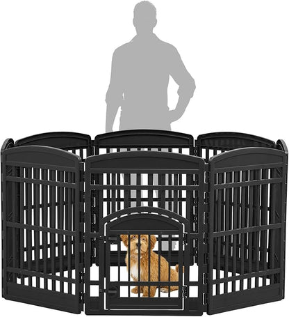 IRIS USA Dog Playpen with Door, 34” 8 Panel Pet Exercise Pen – Indoor Outdoor Puppy Play Pen, Portable Plastic Pet Fence for Small Medium Dogs, Foldable 63” x 63” x 34”, Black