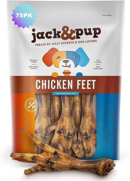 Jack&Pup Dried Chicken Feet Dog Treats | 100% Natural, Fully Digestible, Dehydrated Chicken Feet for Dogs High Protein, Joint Support (75 Pack) Economical Alternative to Duck Foot and Pig Ears