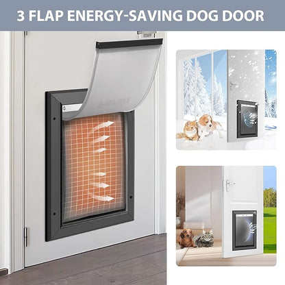 [Petoasis] 3-Flaps Heavy-Duty Dog Door, Rust Proof Aluminum Alloy Frame, Extreme Weather Dog Door Can Block Wind, Snow, and Rainwater Intrusion (Black, Meduim for Door)