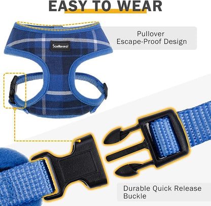 SCENEREAL Puppy Dog Harness with Leash Set for Small Medium Sized Dogs, Soft Mesh Pet Harnesses and Leash, No Chock Plaid Adjustable No Pull Vest for Dogs Cats, Chihuahua,Bulldog (Blue M)