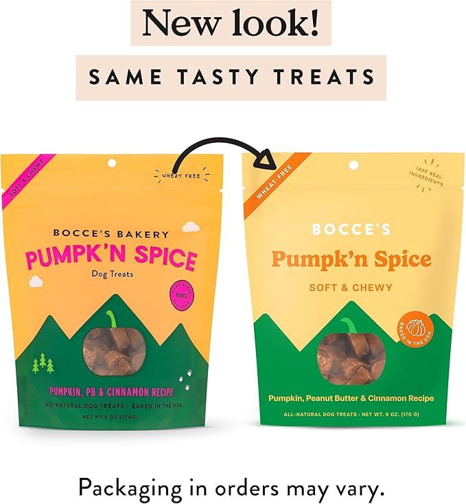 Bocce's Bakery Pumpk'n Spice Treats for Dogs, Wheat-Free Everyday Dog Treats, Made with Real Ingredients, Baked in The USA, Natural Soft & Chewy Cookies, Pumpkin, Peanut Butter, & Cinnamon, 6 oz