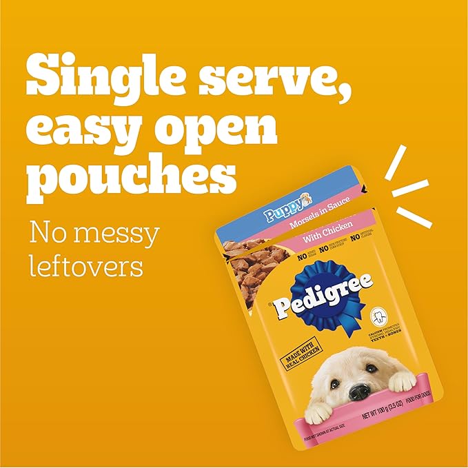 Pedigree Puppy Food Morsels in Sauce, Wet Dog Food Pouches, Chicken Flavor, 3.5 oz. Pouches, 16 Count