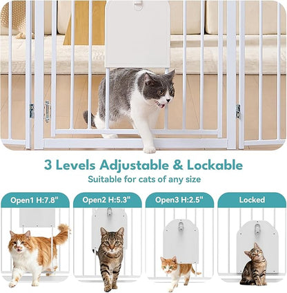 No Pawblems Free Standing Dog Gate with Cat Door, 30'' Tall Foldable Dog Fence for Indoor & Outdoor, Up to 104 Inch Extra Wide Puppy Gate for Stairs, Hallways, Doorways, Deck, Yard (White, 4 Panels)