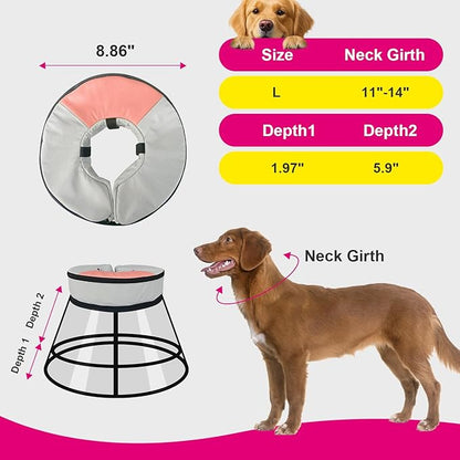 Sponge Core Dog Cat Cone Collar for After Surgery Recovery, Inflatable Dog Cone Alternative, Lainergie Dogs Donut Collar Adjustable with 2PCS Cover for Large Medium Small Dogs Cats (Grey+Pink, L)