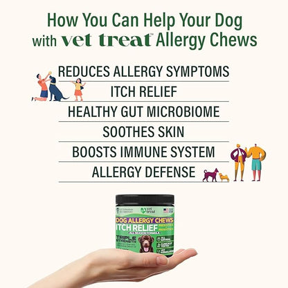 Vet Treat Dog Allergy Relief Chews - 170 Dog Allergy Chews - Itch Relief for Dogs - Anti Itch for Dogs - Dry & Itchy Skin - Allergies & Immune Support Supplement, Omega 3, Fish Oil, Colostrum - USA