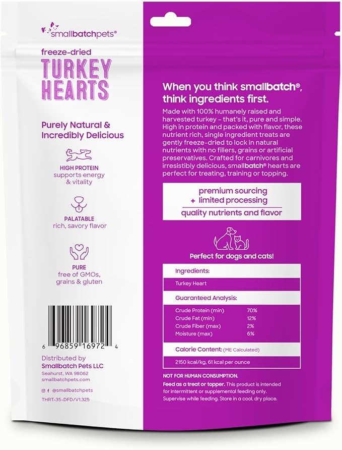 smallbatch Pets Premium Freeze-Dried Turkey Heart Treats for Dogs and Cats, 3.5 oz, Made and Sourced in The USA, Single Ingredient, Humanely Raised Meat, No Preservatives or Anything Artificial Ever