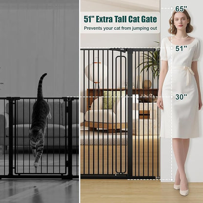 keny 51" Extra Tall Pet Gate, 29.7"-46" Wide Adjustable Cat Gate for Doorway, Hallway, Stairs, Auto-Close & Pressure Mounted, No Drilling, Black