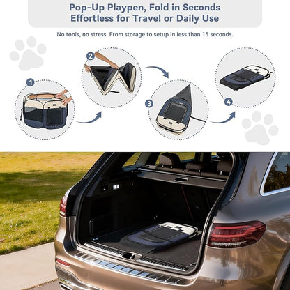 Dog Playpen for Small Dogs & Puppies, 29.92" Portable Indoor Outdoor Puppy Playpen with Bowl, Waterproof Floor, Foldable Pop-Up Pet Pen for Home, Travel & Daily Use, Blue+Beige