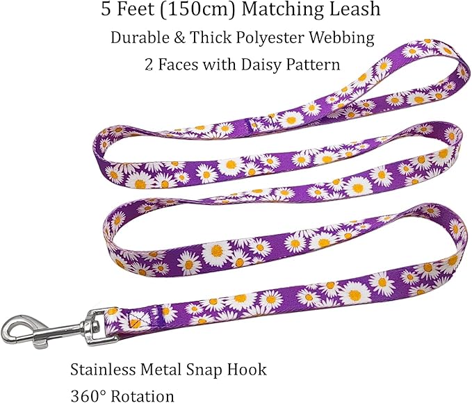 Dog Collar and Leash Set, Cute Daisy Pattern, Polyester Material, 5ft Leash, for Puppy Dogs.(Extra Small,Purple Daisy)