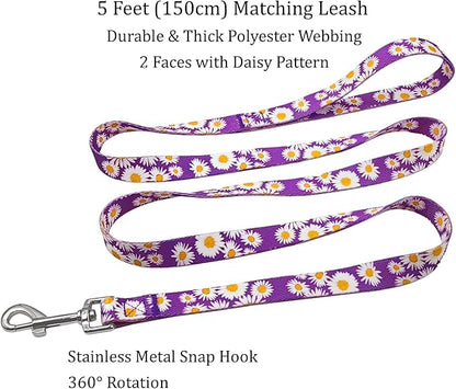 Dog Collar and Leash Set, Cute Daisy Pattern, Polyester Material, 5ft Leash, for Large Dogs.(Large,Purple Daisy)