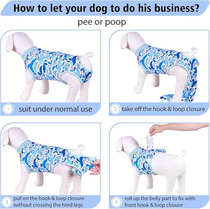 PetWarm Surgery Shirts for Dogs, Dog Surgery Suit, Cone of Shame Alternatives, Pet Surgical Recovery Pajamas Suit Female Male Dog Onesie for Spay Neuter, Marine Animal Patterns, Blue, XL