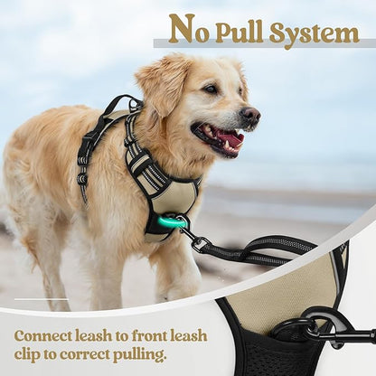 rabbitgoo Dog Harness No Pull with 2 Leash Clips, Adjustable Soft Padded, Reflective Oxford No Choke Pet Vest with Easy Control Handle for Large Dogs, Beige, XL