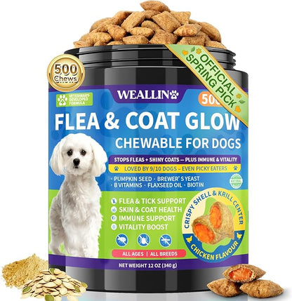 Flea and Tick Prevention for Dogs, Dog Flea Treatment with Skin & Coat Support 500 Crunchy & Krill Chews Dog Flea and Tick Treatment Chewable for Immunity & Energy for All Breeds & Ages Chicken Flavor