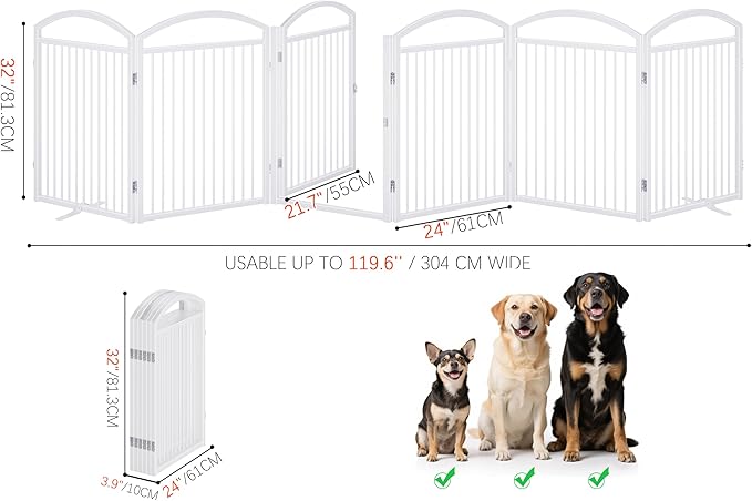 Folding No-Assembly Freestanding Dog Gate with Door,32" Heights Foldable Pet Fence,144" Extra Wide Accordion Puppy Folding Playpen for Doorways,House,Stairs (6 Panels,White)