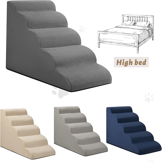 Aodisman 5-Step Dog Stairs and Ramp for High Bed, Non-Slip Sturdy Pet Steps for Small Dogs and Cats,22.2" H,Grey