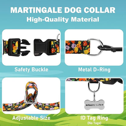 Martingale No Pull Collar with Buckle Adjustable Nylon Slip Collar for Dogs Training Walking (Orange Floral, Small)