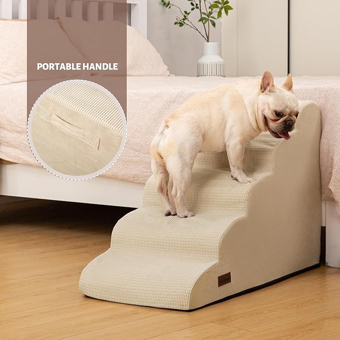 Aodisman 5-Step Dog Stairs and Ramp for High Bed,Non-Slip Sturdy Pet Steps for Small Dogs and Cats,22.2" H,Beige