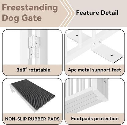 SNUOWU Full Metal Freestanding Dog Gate with Door, 32''Height Foldable Pet Dog Fence for Indoor & Outdoor, 6 Panels Extra Wide Free Standing TallDog Gates for Doorways,House,Stairs,Porch,Deck,Yard