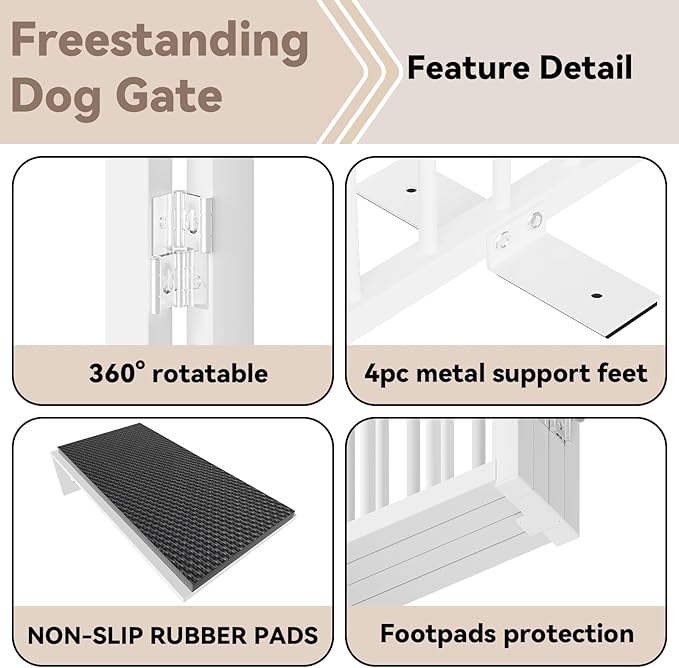 SNUOWU Full Metal Freestanding Dog Gate with Door, 32''Height Foldable Pet Dog Fence for Indoor & Outdoor, 2 Panels Extra Wide Free Standing TallDog Gates for Doorways,House,Stairs,Porch,Deck,Yard