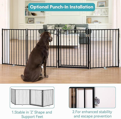 No Pawblems Free Standing Dog Gate with Door, 30'' Tall Foldable Dog Fence for Indoor & Outdoor, Up to 78 Inch Extra Wide Puppy Gate for Stairs, Hallways, Doorways, Deck, Yard (Black, 3 Panels)