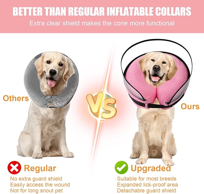 2-in-1 Soft Inflatable Dog Cone Collar Alternative with Enhanced Anti-Licking Guard Shield, Dog Collar After Surgery, Adjustable Recovery Cones for Large Medium Small Dogs and Cats (Pink,M)