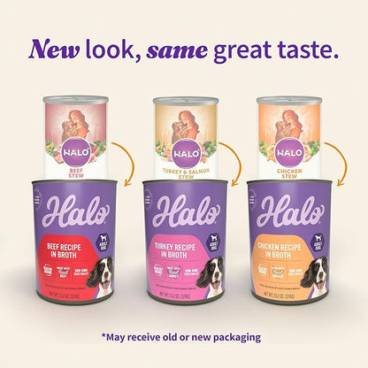 Halo Wet Dog Food Variety Pack, Three Canned Whole Meat Chicken Stew, Beef Stew, Turkey & Salmon Stew, 13.2 Oz Can (Pack of 6)