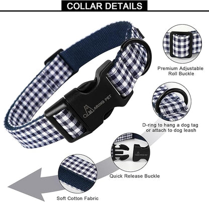 ARING PET Dog Collar, Cute Adjustable Comfortable Cotton Navy White Plaid Pet Collars for Small Medium Large Male Female Boy Girl Dogs-Medium