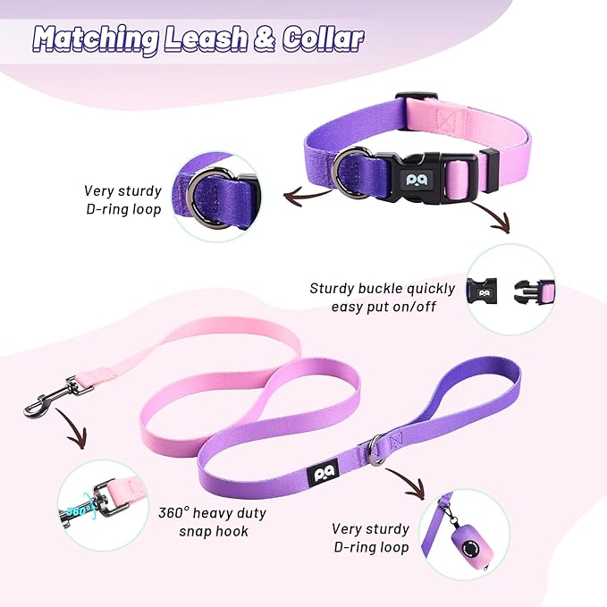 Dog Harness Collar Leash Combo,No Pull Adjustable Vest Cute for Small Puppy Medium Girl/Boy Pets with Poop Bag Holder(XSmall,Purple)