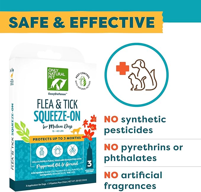 Only Natural Pet EasyDefense Flea & Tick Prevention for Medium Breed Dogs (15 to 40 lbs) - Natural Herbal Control, Squeeze-On Drops - Protects up to 3 Months (M Sqz)