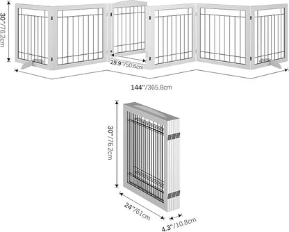 Vantas Folding Pet Gate 144" Wide, 30" Tall No-Assembly Wooden Dog Gate with Door Walk Through, Freestanding Wire Pet Puppy Safety Fence, with 2PCS Support - White
