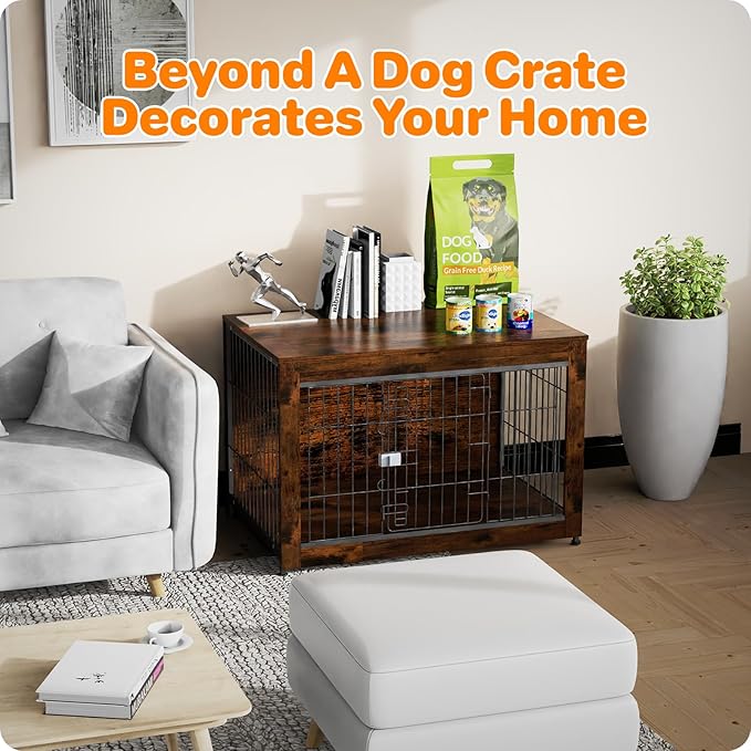 Dog Crate Furniture, Wooden Dog Crate 37in, Decorative Cage with End Table for Dog Indoor Kennel, High Anxiety Dog, Escape-Proof Locks for All Breeds