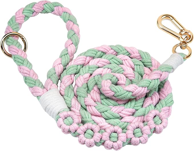 Handmade 5ft Braided Cotton Dog Leash with Unique Floral Handle, Durable and Stylish, Ideal for Small to Large Dogs, Pink & Green Color