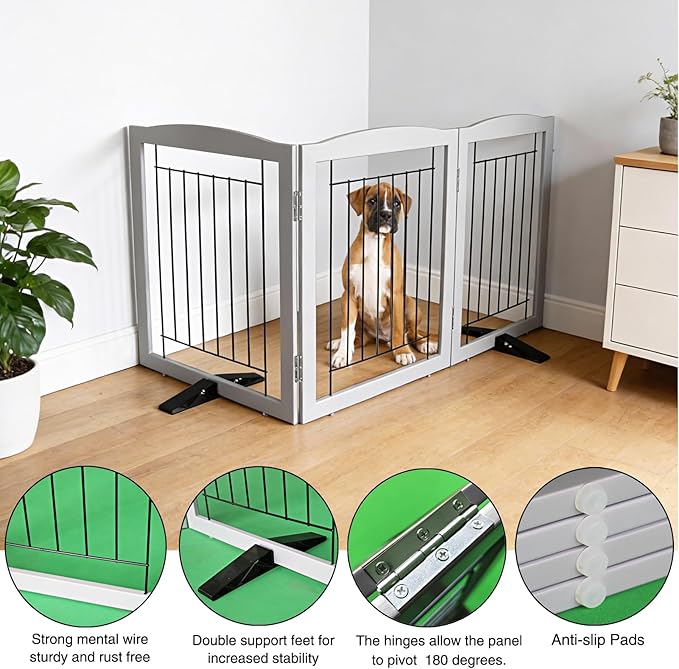 ZJSF Freestanding Dog Fence Indoor, Foldable Dog Gate for Doorways, Stairs or Hallways, Sturdy Wood Extra Wide Pet Gate with Support Feet for The House, Grey, 32 "Height-3 Panels