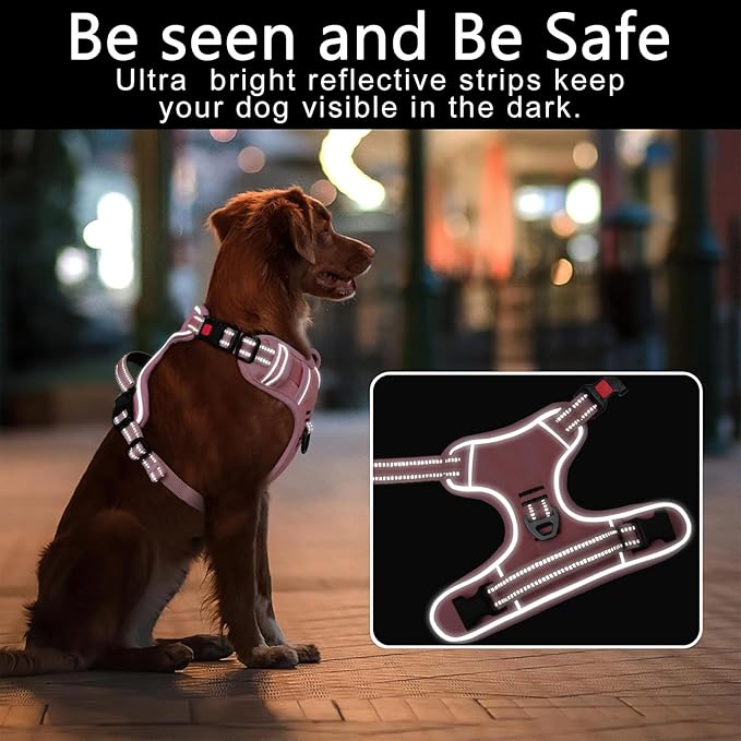 Timos Dog Harness Medium Sized, No Pull Pet Harness with Neck Lockable Snap,No Choke Front Clip Dog Reflective Vest,Adjustable Metal Rings 3 Buckles,Easy Control Handle for Medium Dogs Pink M