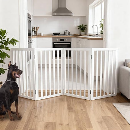 ZJSF Freestanding Indoor Dog Gate for House Foldable Wood White Puppy Gate for Doorways Pet Gate for Stairs Extra Wide Pet Fence 32" Height 4 Panels