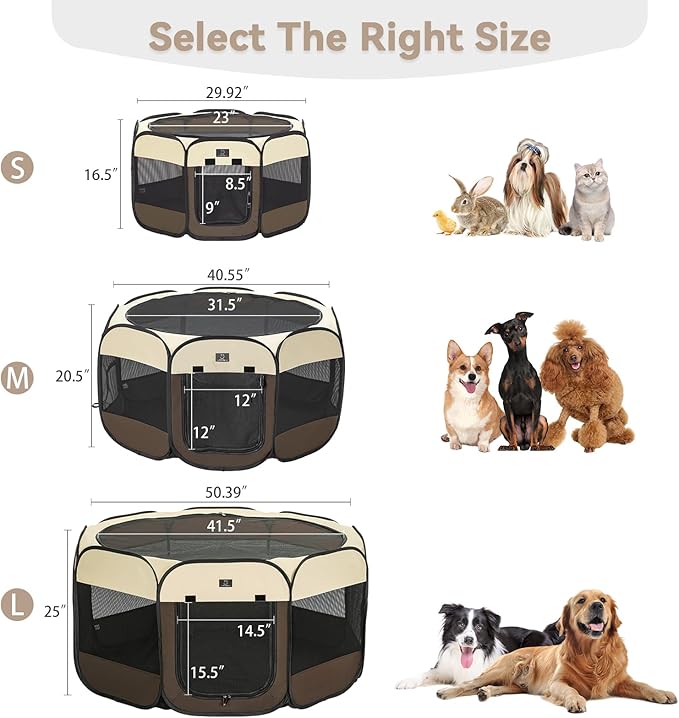Dog Playpen for Small Dogs & Puppies, 50.39" Portable Indoor Outdoor Puppy Playpen with Bowl, Waterproof Floor, Foldable Pop-Up Pet Pen for Home, Travel & Daily Use, Brown+Beige