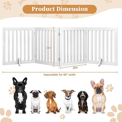 PUPETPO 24”H Freestanding Dog Gates for The House, Wooden Pet Gates for Doorways, Extra Wide Dog Gate for Stairs, Support Feet Included, 80 inch Wide 4 Panels, Indoor Use, White