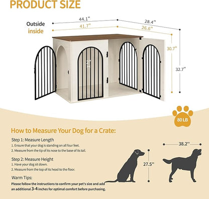 Hzuaneri 44.1" Wooden Dog Crate Furniture, Indoor Dog Kennel Dogs Cage for Small/Medium/Large Dogs, Heavy Duty Dog Crates Decorative Pet House End Side Table TV Stand, White Brown DFC83914B