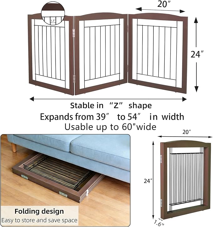 ZJSF Freestanding Foldable Dog Gate for House Extra Wide Wooden Brown Puppy Gate Stairs Dog Gates Doorways Tall Pet Gate 24 "Height 3 Panels Pet Fence