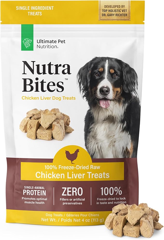 ULTIMATE PET NUTRITION Nutra Bites Freeze Dried Raw Single Ingredient Training Treats Food Topper for Dogs, 4 Ounces, Chicken Liver