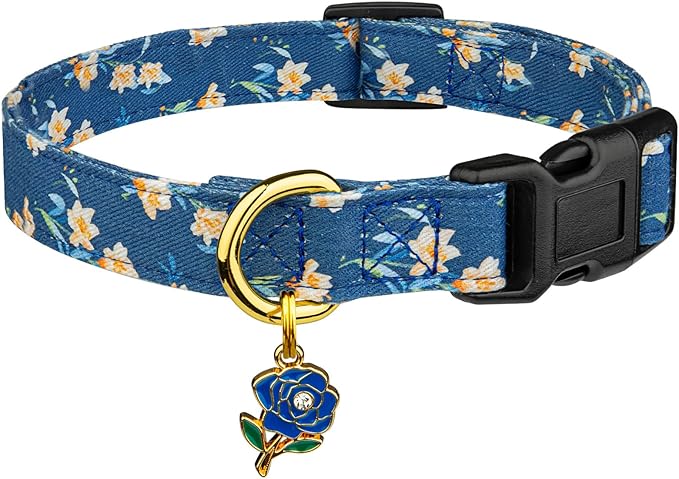 Cotton Handmade Dog Collar Cute and Distinctive Patterns Blue Tulip with Pendant for Girl Boy Dogs Collars M