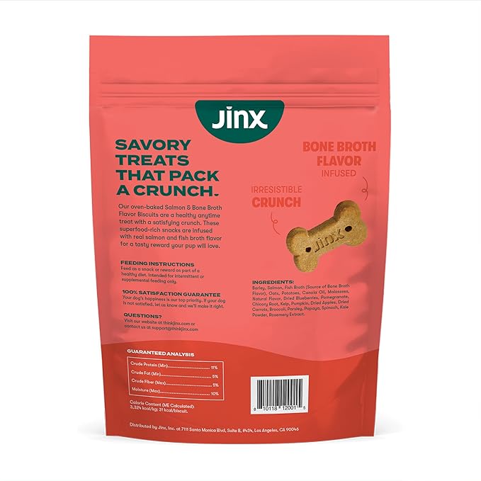 Jinx Oven-Baked Salmon Bone Broth Biscuit Dog Treats - Crunchy, All Natural, Superfood-Rich with High-Protein Salmon, Dog Biscuits for Puppies, Adults & Seniors - 16oz