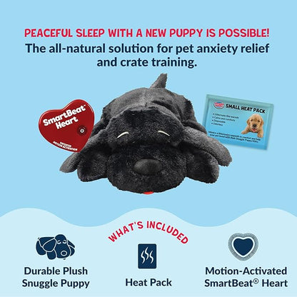 Snuggle Puppy Original Junior Heartbeat Puppy Toy for Small Breeds, Compact Plush Dog Toy with Real-Feel Pulse for Crate Time and Rest - Black