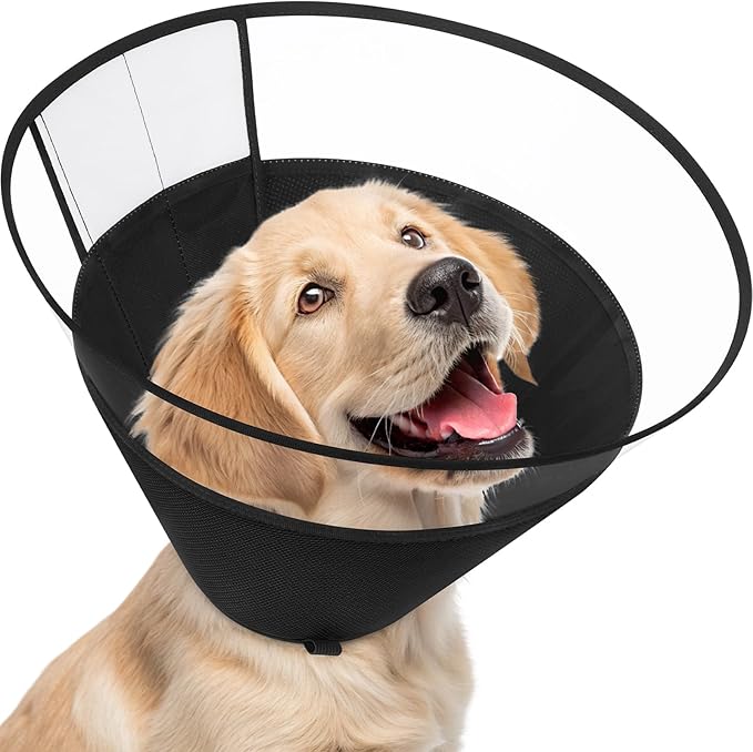 Dog Cone Collar, Clear Soft Cone for Dogs After Surgery to Stop Licking, Breathable Mesh Recovery Collar with Elastic Loop for Snug Fit, Adjustable E-Collar for Medium Dogs, Black Size 2