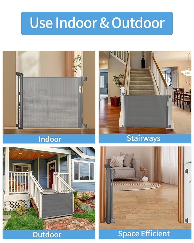 Veraste (2 Pack) Retractable Baby Gate for Doorways and Stairs, Mesh Safety Gate for Pet, Indoor & Outdoor Use, One-Hand Operation, Easy Installation, 33.6" Tall, Expands to 55" Wide（Grey,33.6"x55"