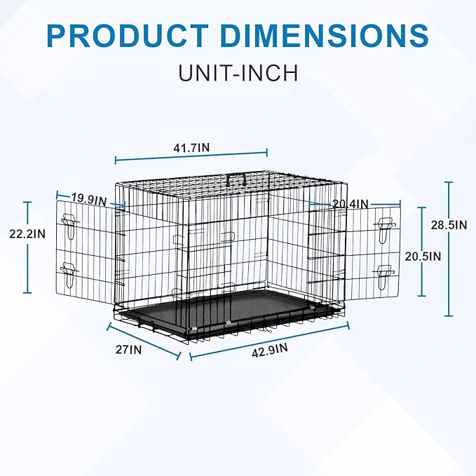 42 Inch Large Dog Crate Dog Kennel Pet Cage Metal Wire Crates Pet Cages Double-Door Folding Kennels with Handle Leak-Proof Pan Tray,Black